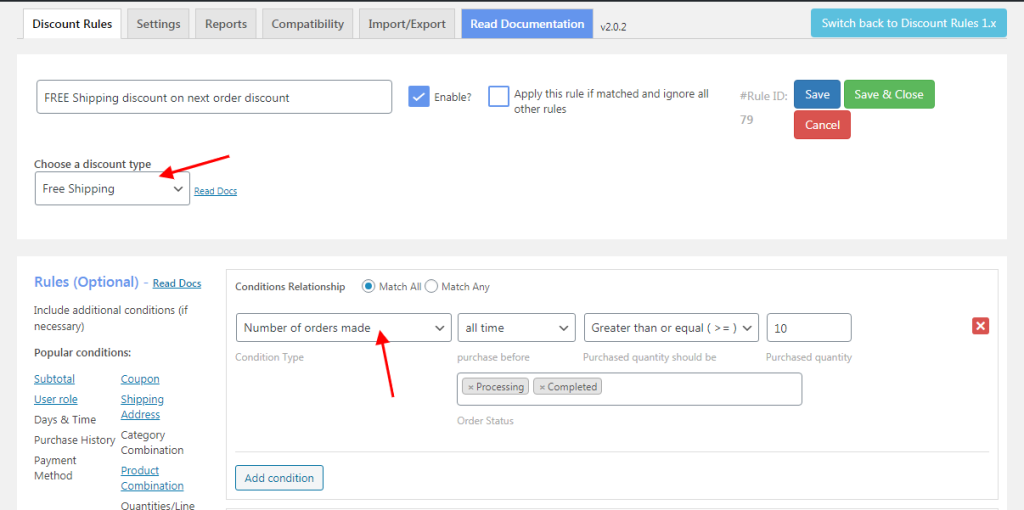 Creating WooCommerce free shipping for next-order based on purchase count