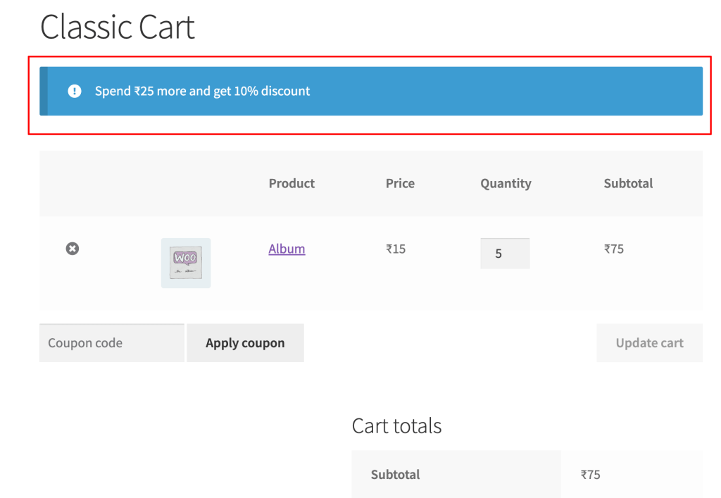 Cart page promotional message