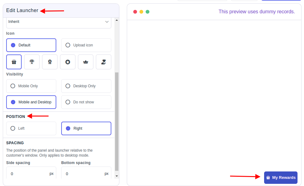 Modify the position and spacing of the rewards panel