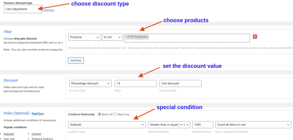 cart discounts based on subtotal value