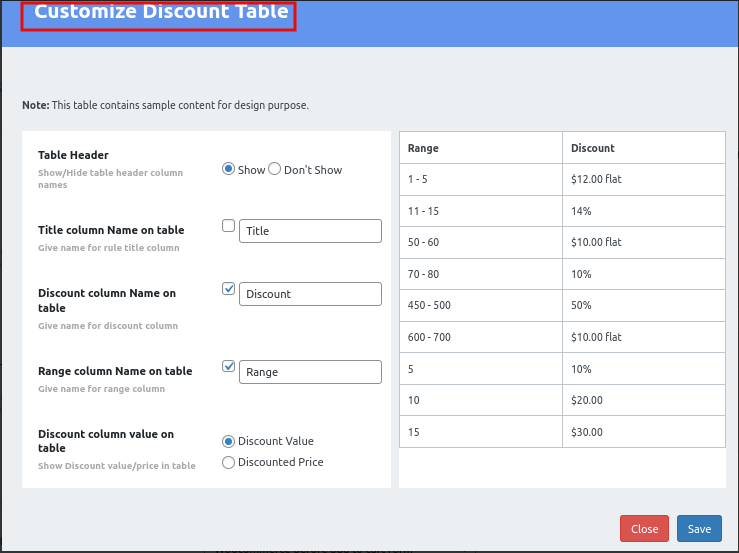 customize discount table