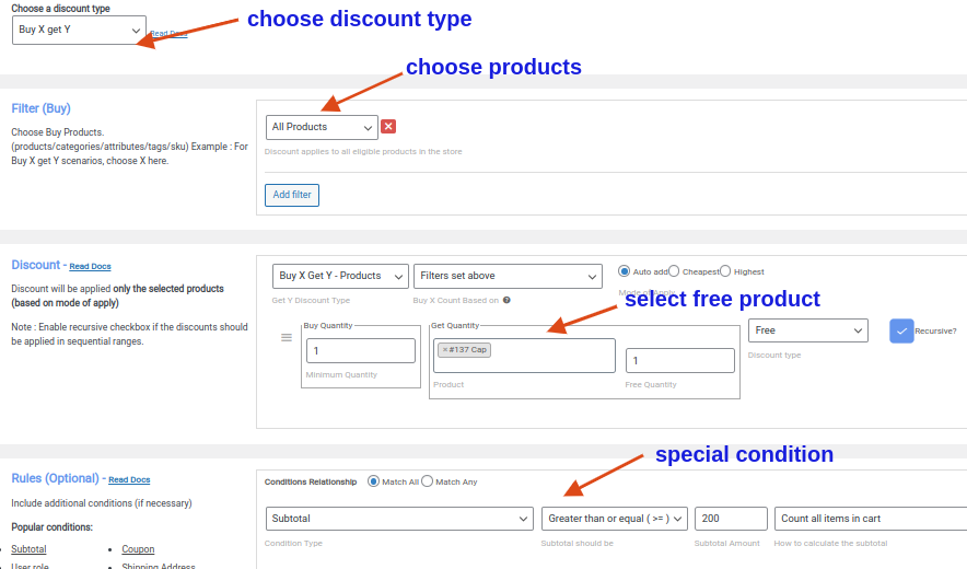 free products based on cart subtotal value