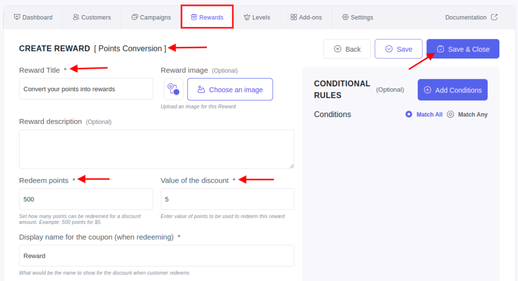 Points conversion reward dashboard of WPLoyalty plugin