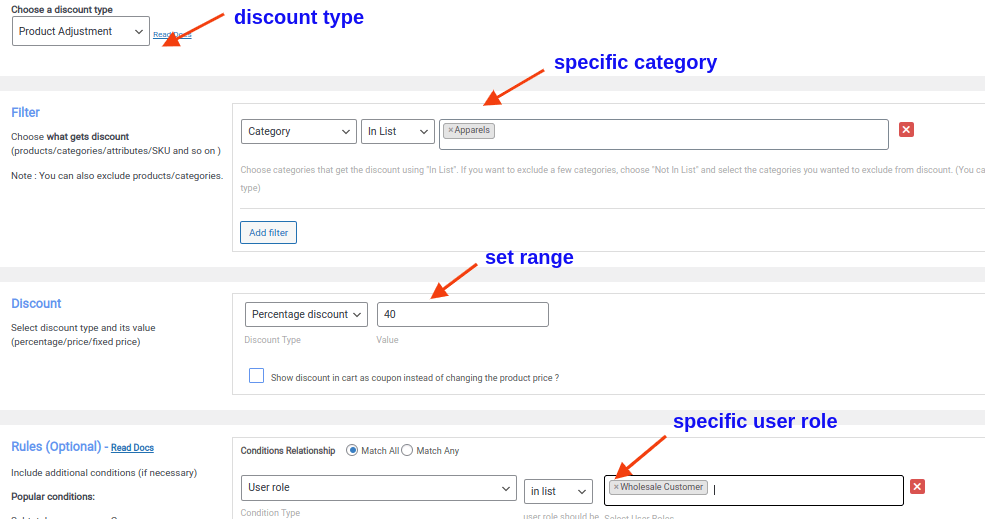 specific category discount based on user roles