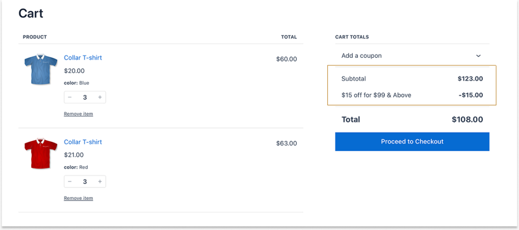 Applying a $15 discount based on the order amount
