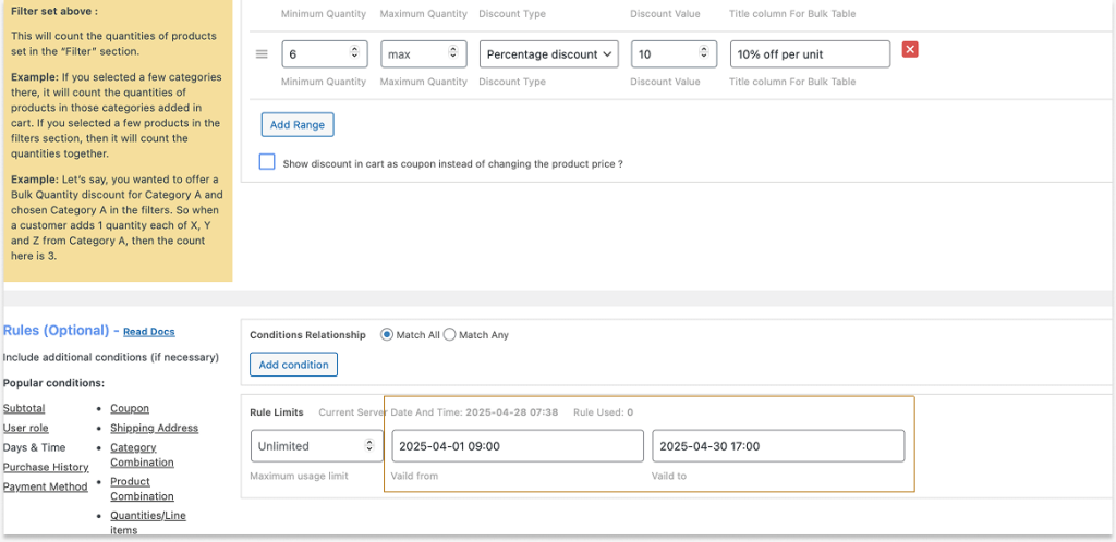 Setting valid date and time for bulk discount
