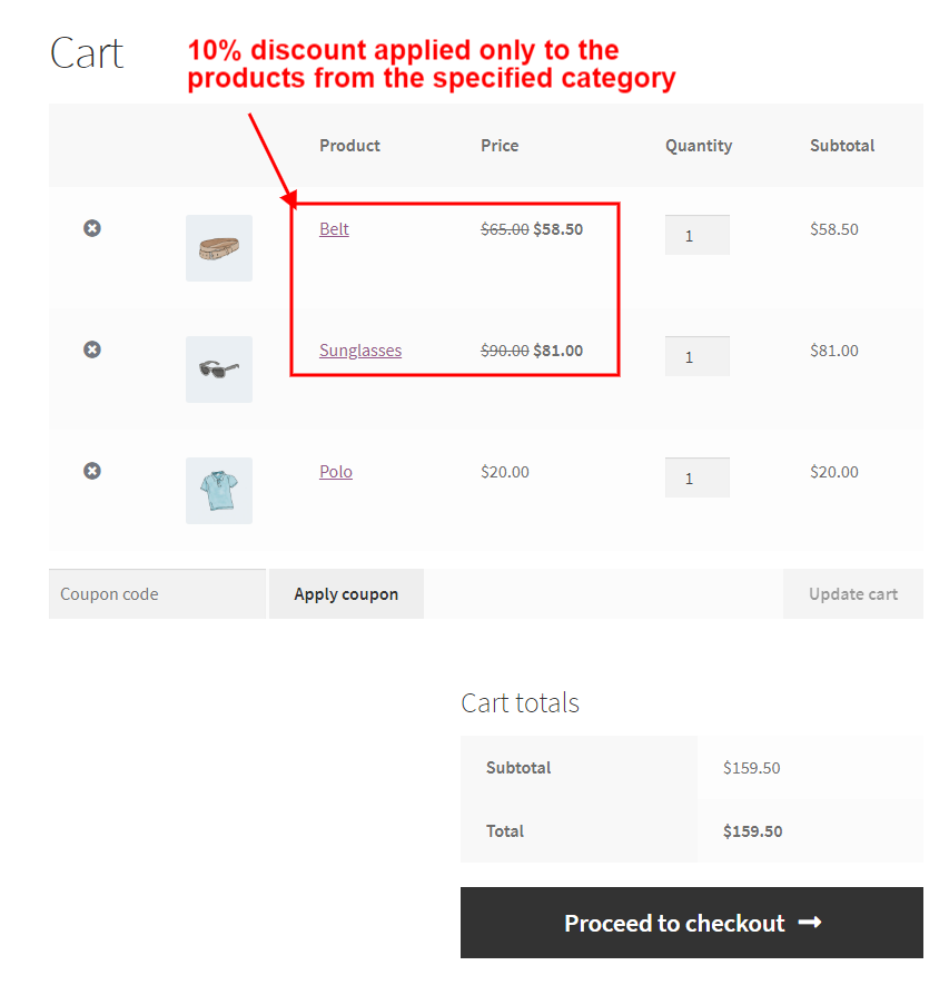 10% discount applied only to the products with specific category