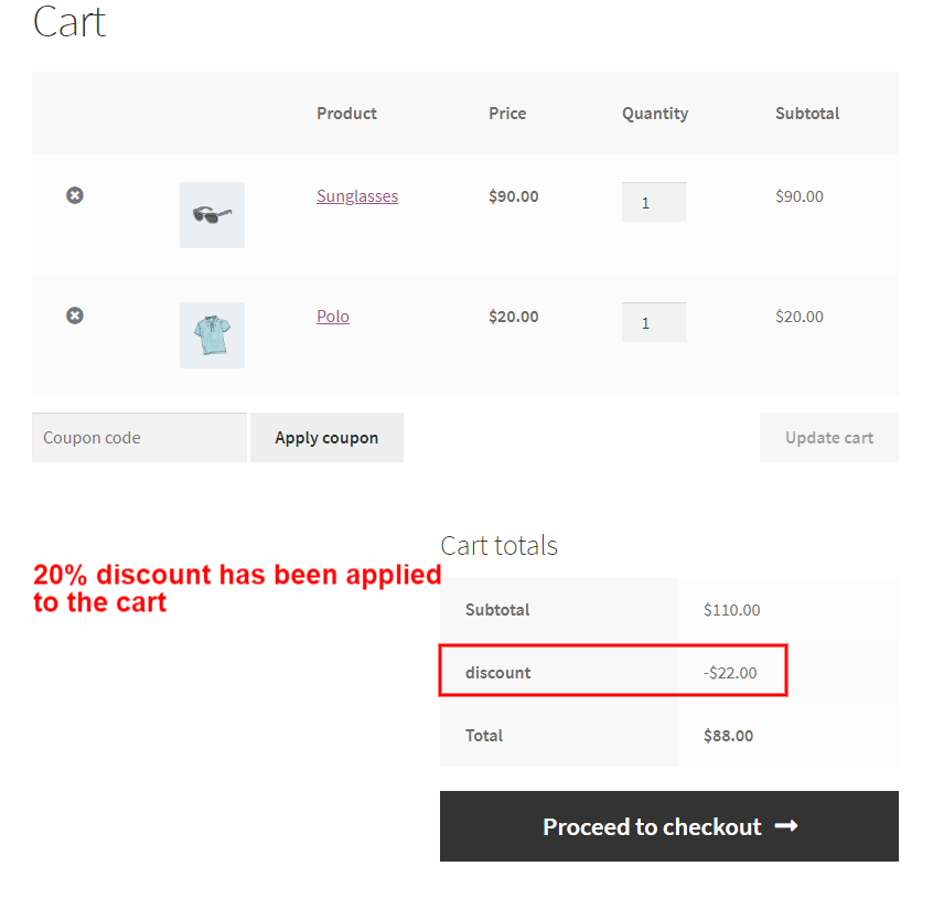 20% discount applied on cart page