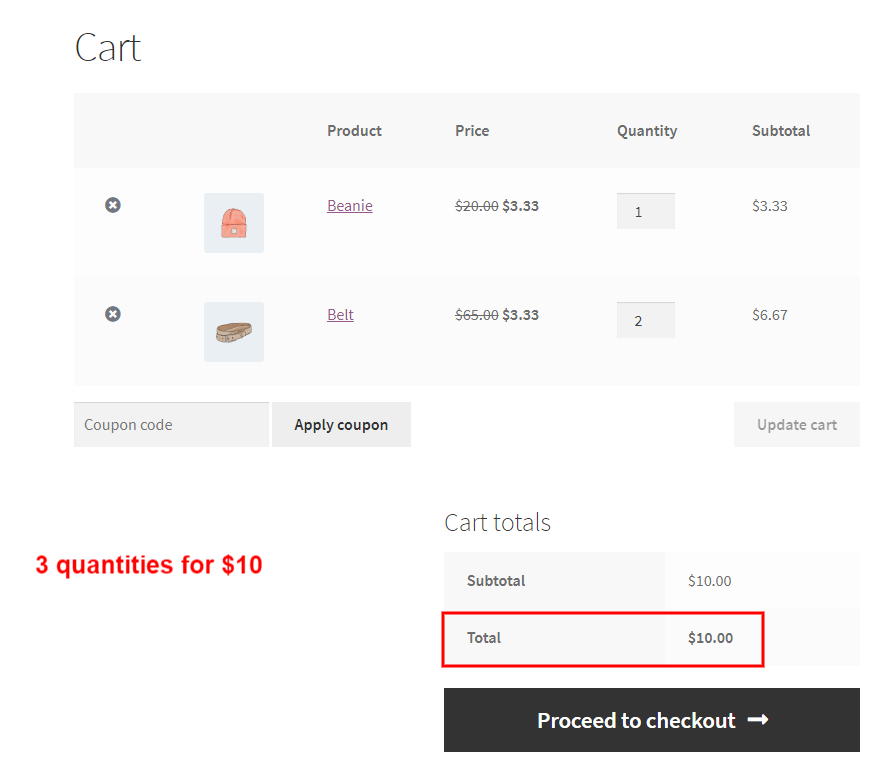 3 quantities for $10 cart page 