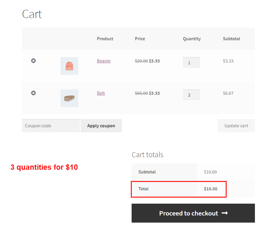 3 quantities for $10 cart page
