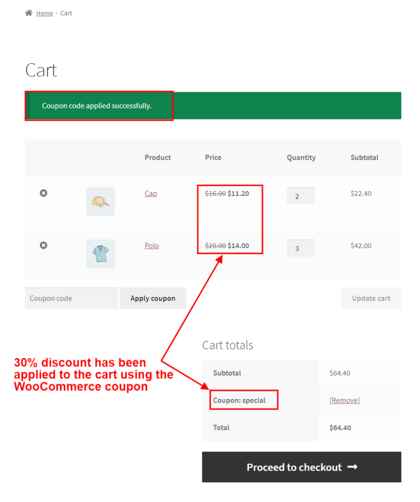 30% coupon applied on cart page
