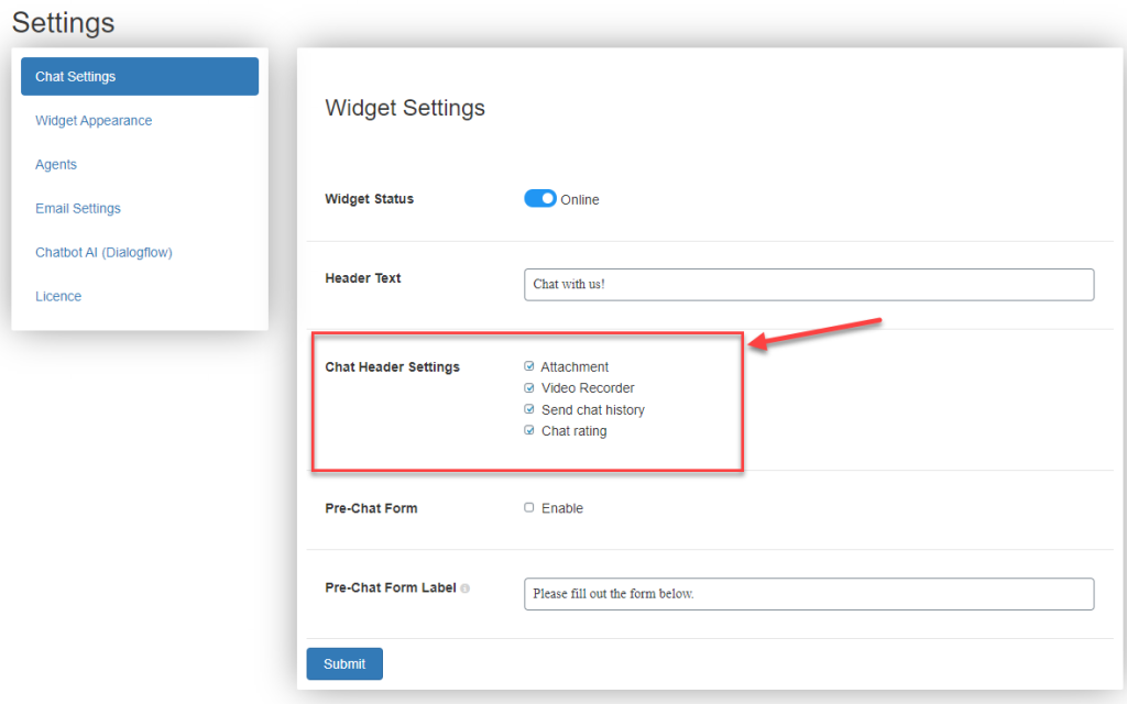 chat header settings