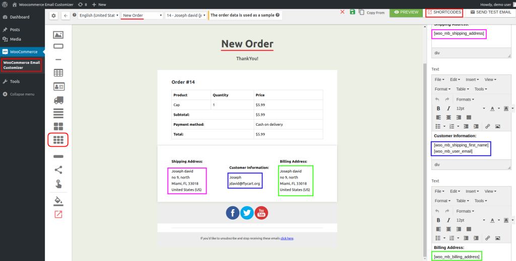 add customer data in woocommerce order emails