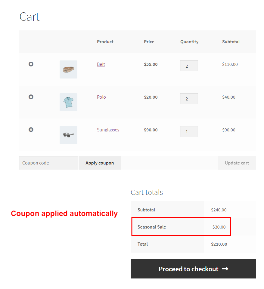 coupon applied cart page