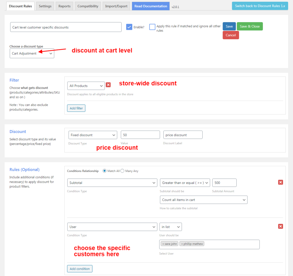 Enabling user-specific discounts based on cart total
