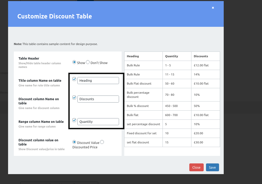 customize discount table