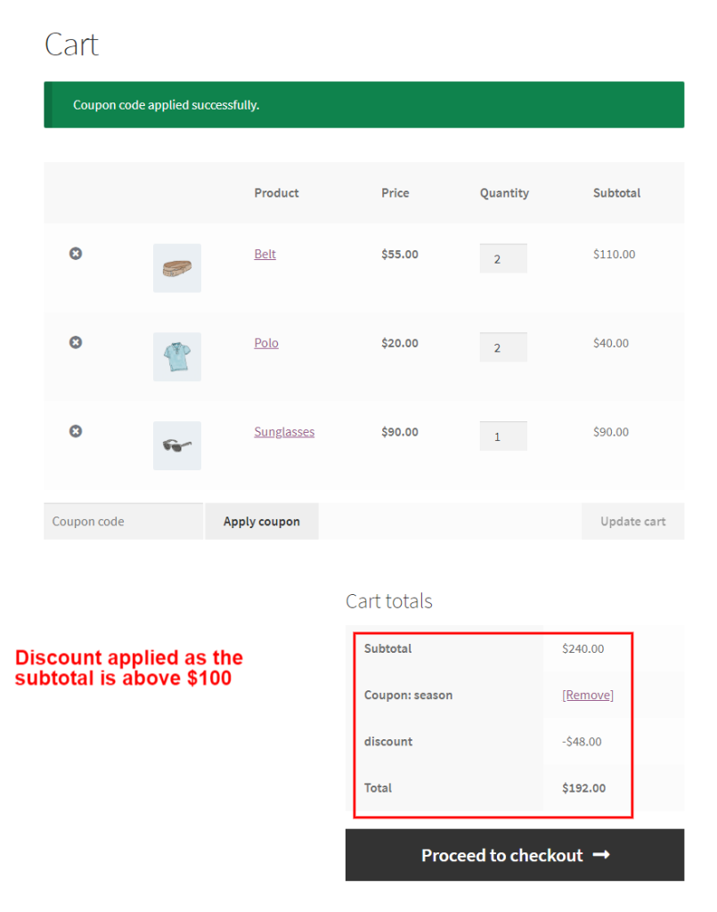 discount applied subtotal above $100
