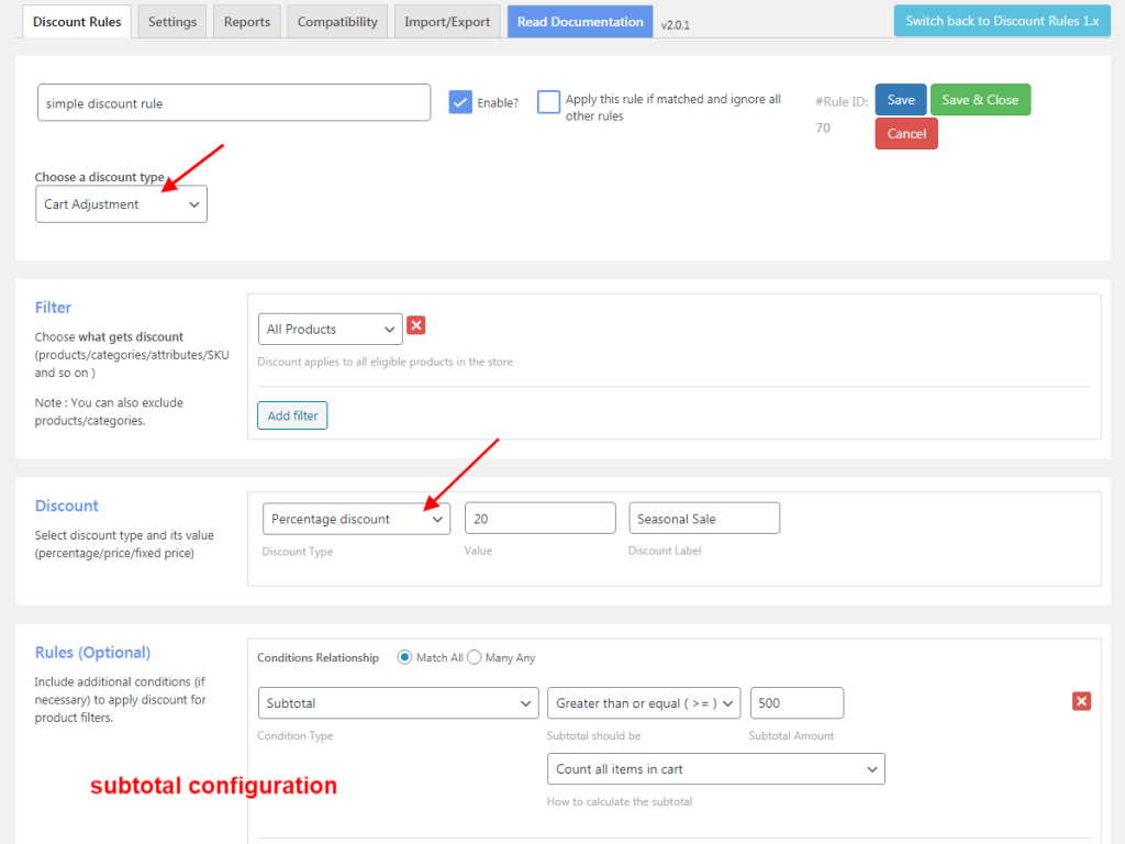 discount rule with subtotal configuration