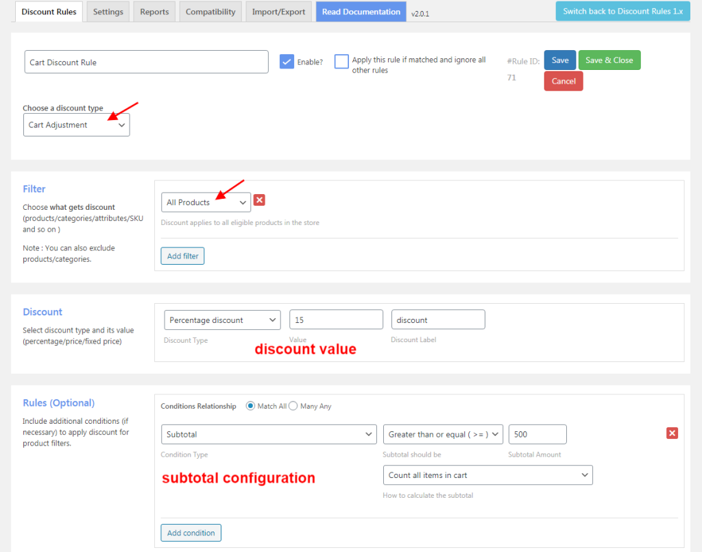 discount value and subtotal config