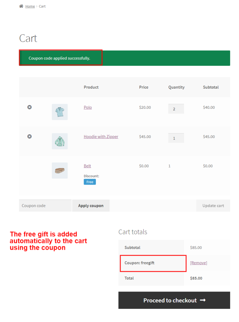 Adding free gift to the cart using coupon code