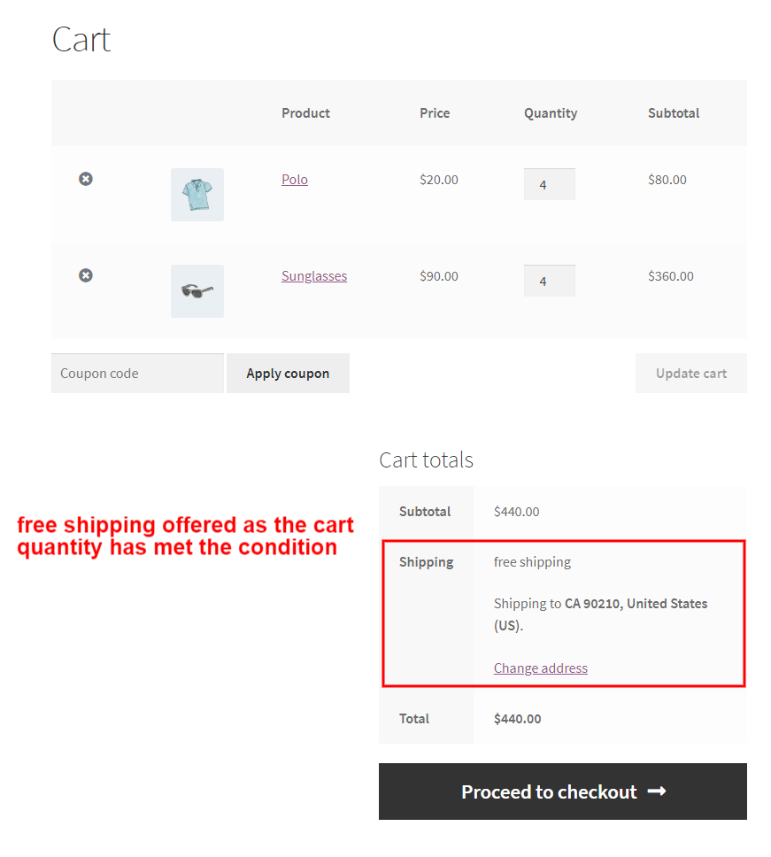 free shipping added as cart quantity