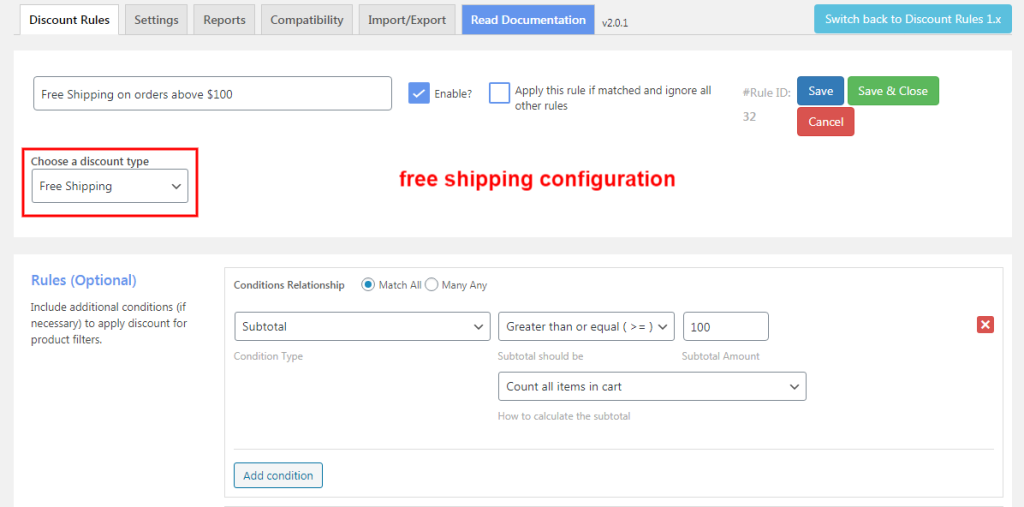 free shipping configuration