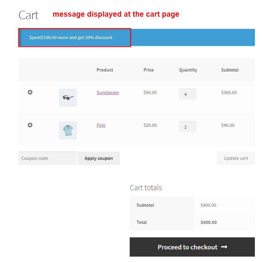 message displayed at cart page