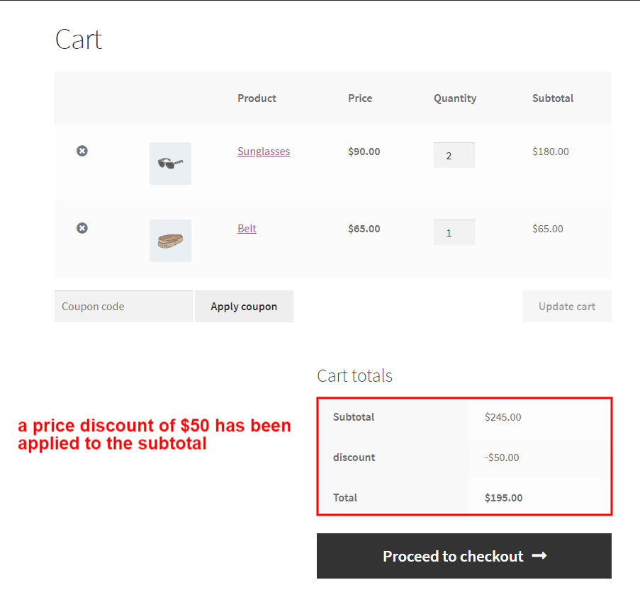 price discount of $50 applied