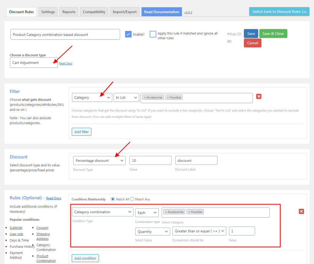 product category combination based discount