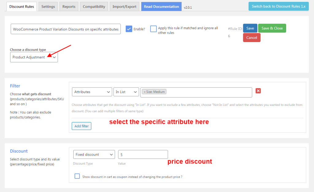 product variation discount on specific attributes