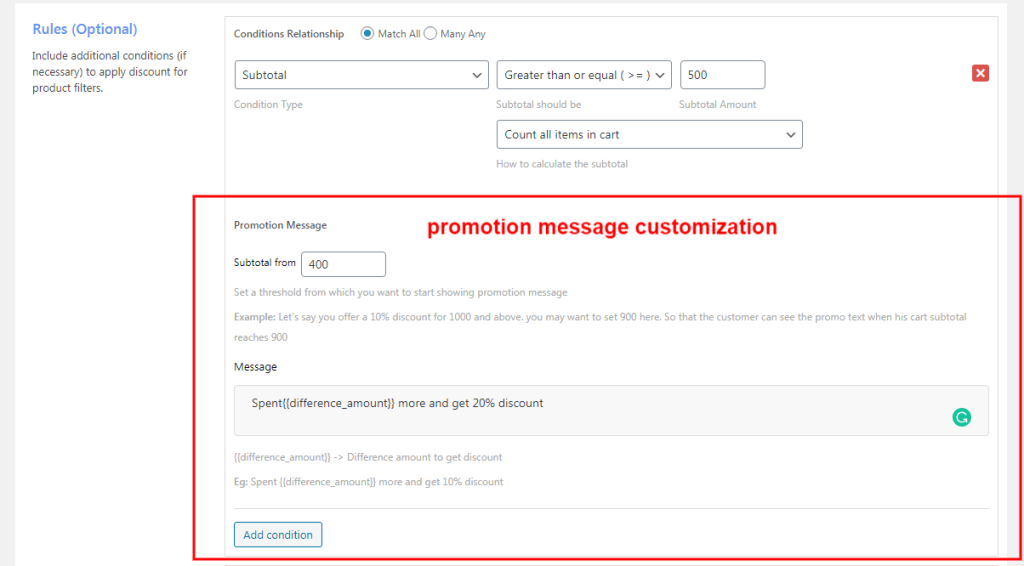 Discount promotion message customization