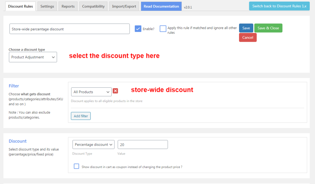 select discount type store wide discount