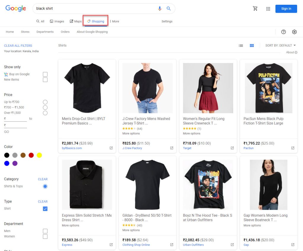 shopping tab of google