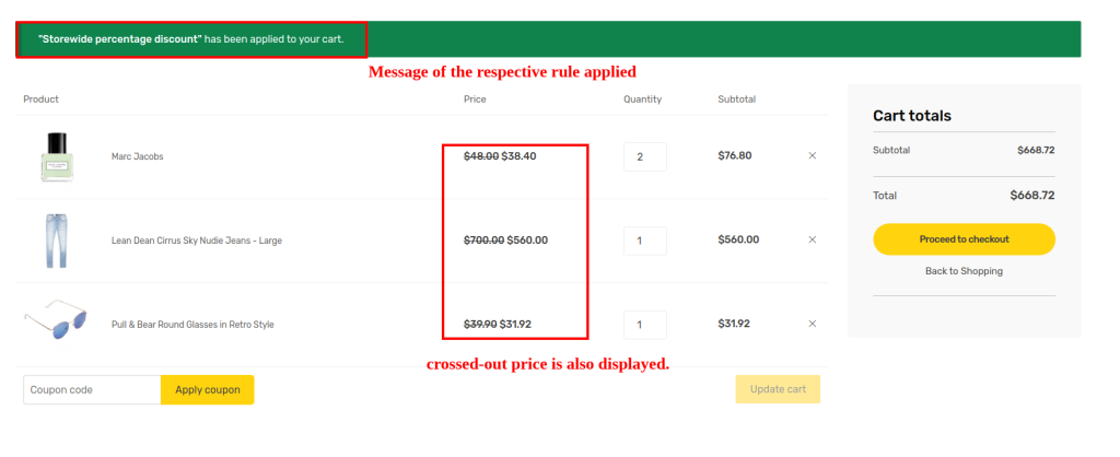 show message in cart