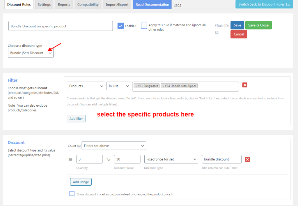 Bundle discounts based on specific products