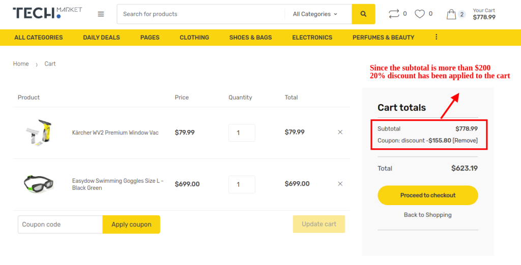 subtotal above 200 discount applied on cart page
