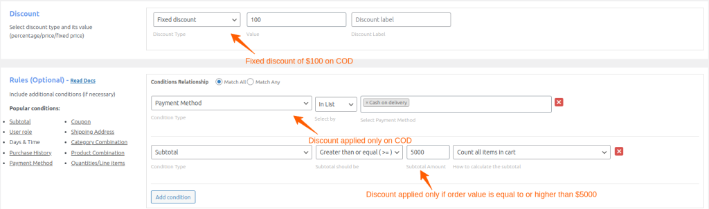 Discount on COD over amount