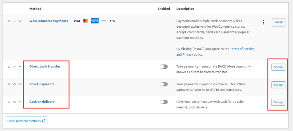 different payments method