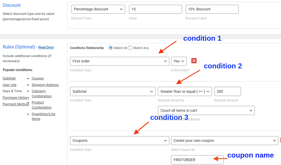 setting up WooCommerce first order coupon with minimum purchase