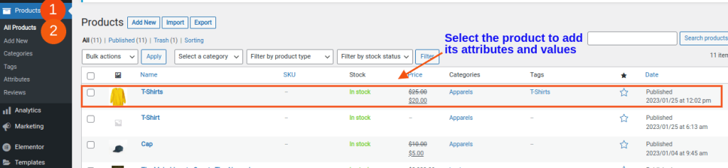 Choosing products to set attributes