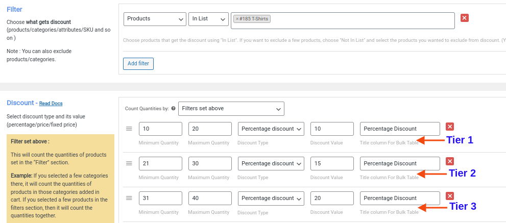 Tiered pricing discount for specific product