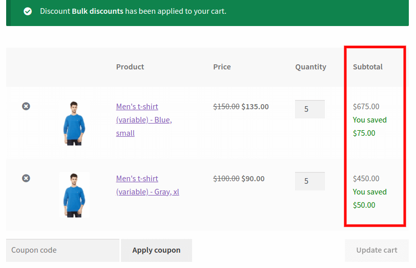 applied bulk discount on the cart page