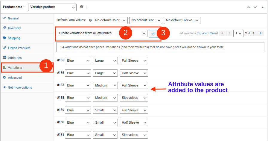 creating variations with attributes