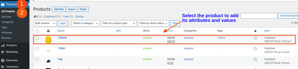 selecting a product to add attributes and values