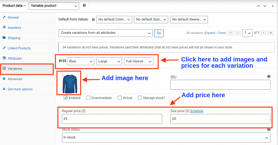 Add price and image to variable product