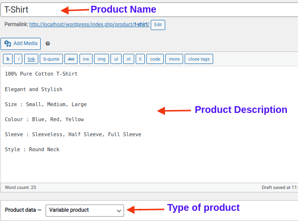adding product name, product description and type of product