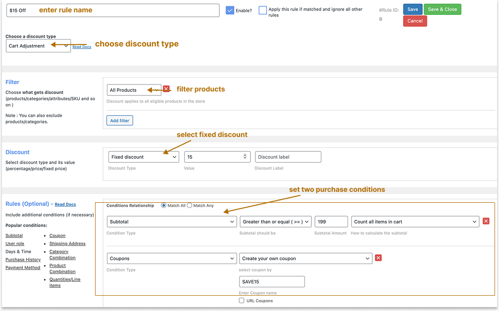 Creating a 15-dollar fixed cart discount in WooCommerce