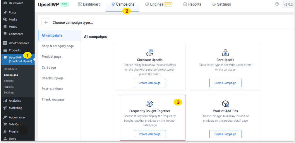 Creating a new campaign in the UpsellWP plugin