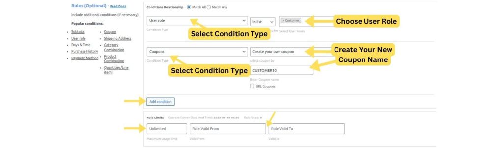 Setting Conditions for Customer Coupon