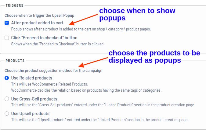 Choosing triggers and products for popup campaign